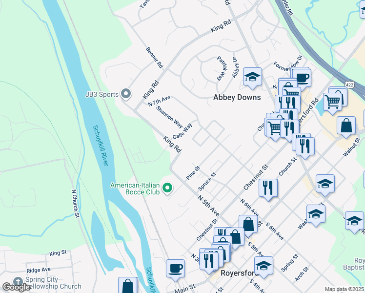 map of restaurants, bars, coffee shops, grocery stores, and more near 508 King Road in Royersford