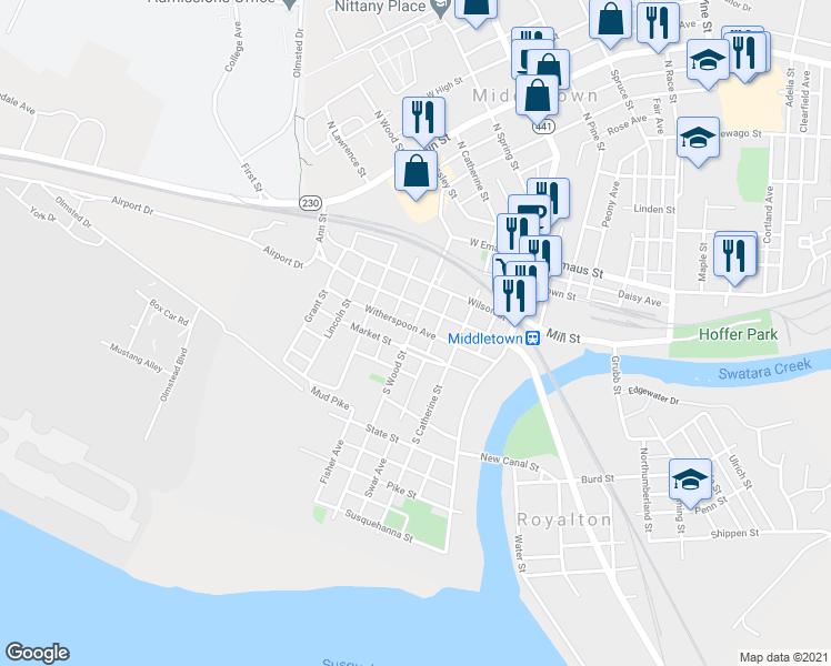 map of restaurants, bars, coffee shops, grocery stores, and more near 340 South Wood Street in Middletown