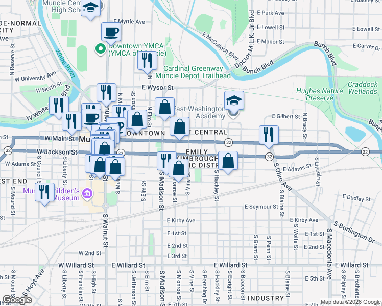 map of restaurants, bars, coffee shops, grocery stores, and more near 619 East Jackson Street in Muncie