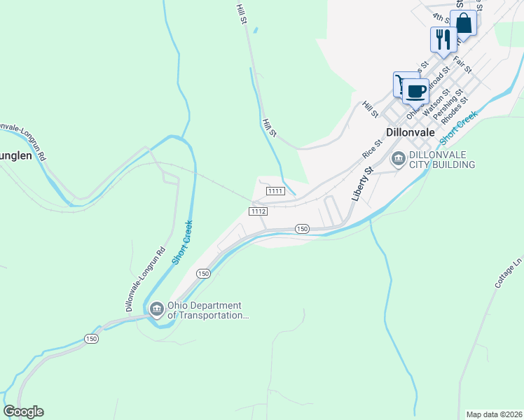 map of restaurants, bars, coffee shops, grocery stores, and more near 5190 Ohio 150 in Dillonvale