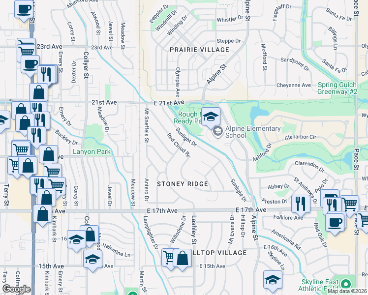 map of restaurants, bars, coffee shops, grocery stores, and more near 1880 Red Cloud Road in Longmont