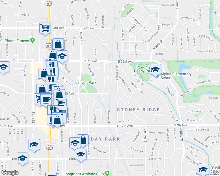 map of restaurants, bars, coffee shops, grocery stores, and more near 1881 Mount Sneffels Street in Longmont