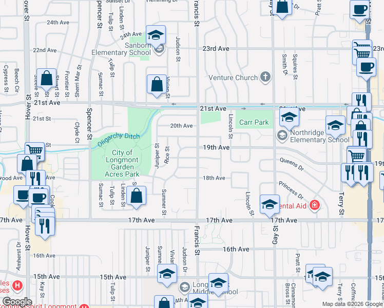 map of restaurants, bars, coffee shops, grocery stores, and more near 1603 Ervine Avenue in Longmont
