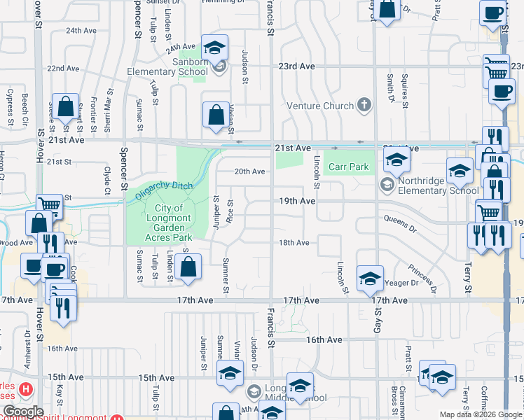 map of restaurants, bars, coffee shops, grocery stores, and more near 1603 Ervine Avenue in Longmont