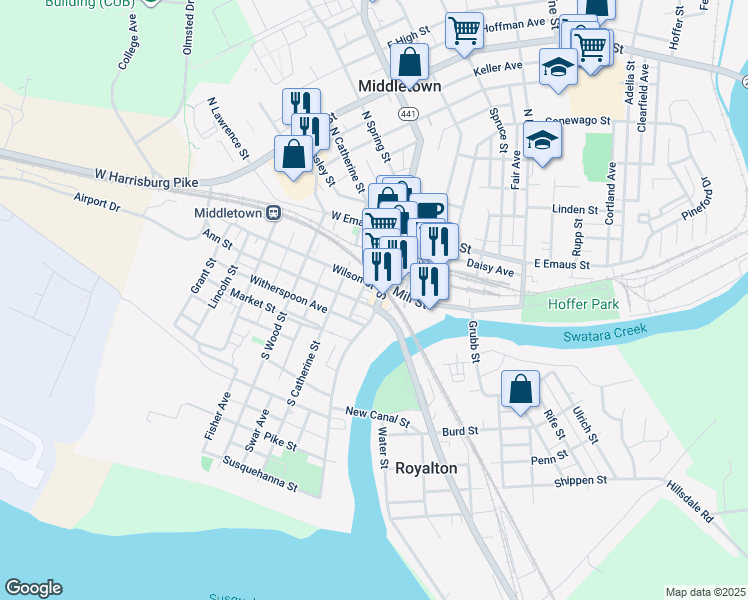 map of restaurants, bars, coffee shops, grocery stores, and more near 4 Ann Street in Middletown