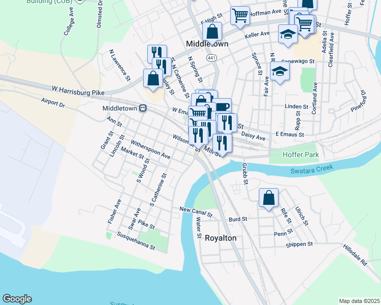 map of restaurants, bars, coffee shops, grocery stores, and more near 4 Ann Street in Middletown