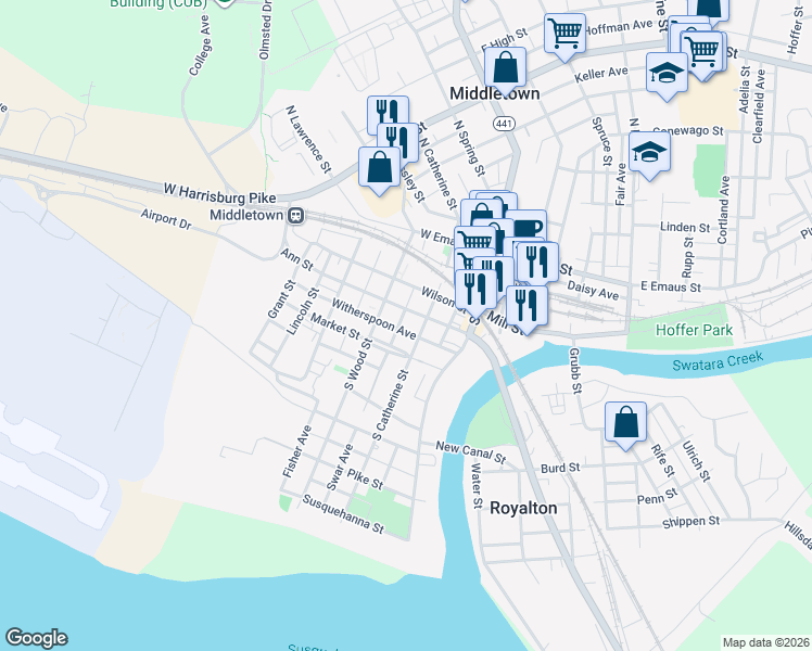 map of restaurants, bars, coffee shops, grocery stores, and more near 332 South Catherine Street in Middletown