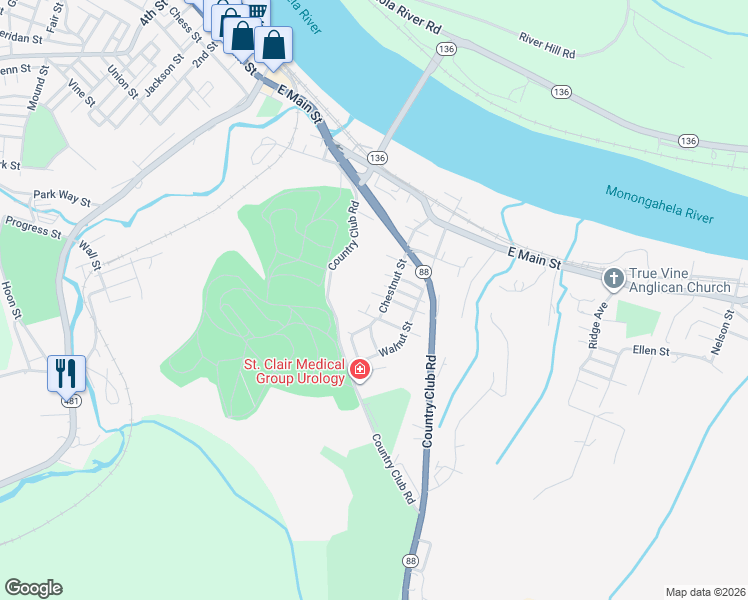 map of restaurants, bars, coffee shops, grocery stores, and more near 403 Grandview Avenue in Monongahela