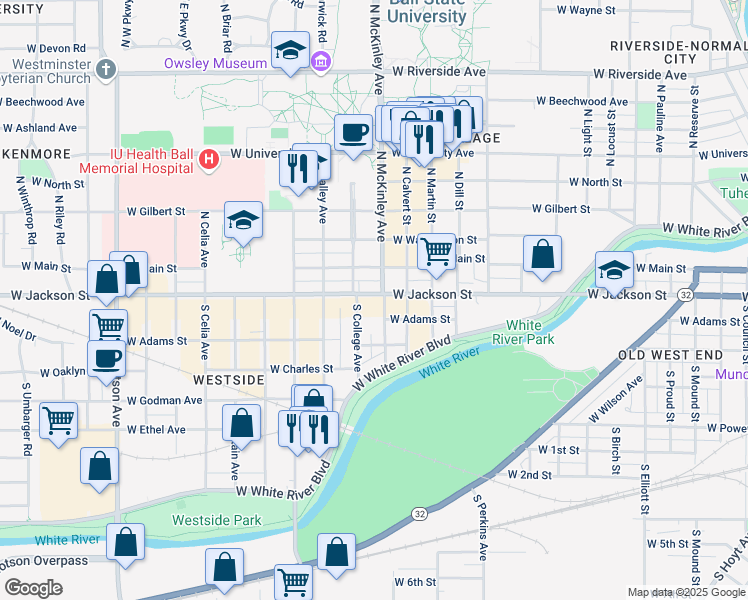 map of restaurants, bars, coffee shops, grocery stores, and more near 216 South College Avenue in Muncie