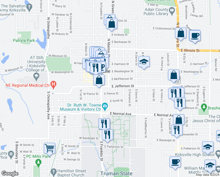 map of restaurants, bars, coffee shops, grocery stores, and more near 207-299 East Pierce Street in Kirksville