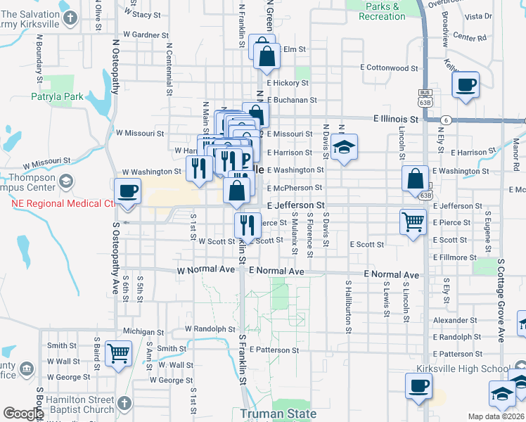 map of restaurants, bars, coffee shops, grocery stores, and more near 207-299 East Pierce Street in Kirksville