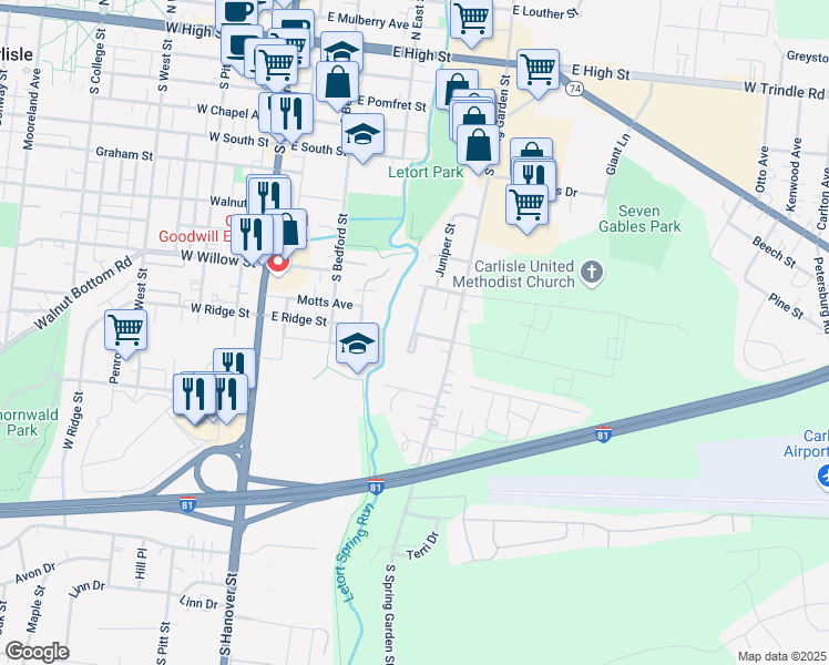 map of restaurants, bars, coffee shops, grocery stores, and more near 625 Mill Race Road in Carlisle