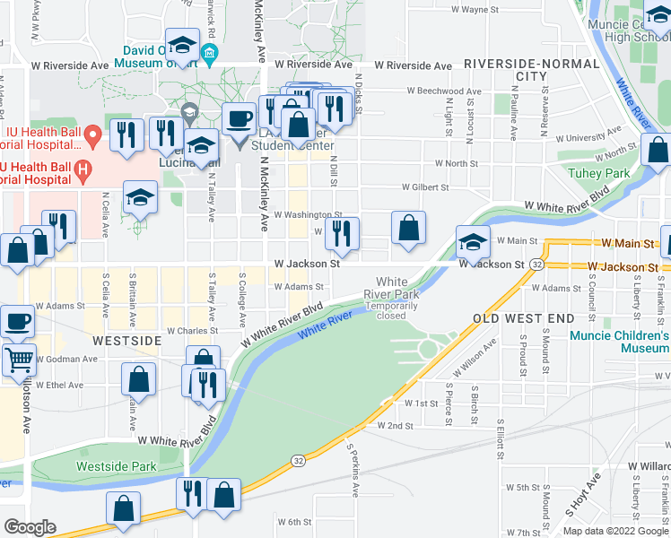 map of restaurants, bars, coffee shops, grocery stores, and more near 1545 West Jackson Street in Muncie