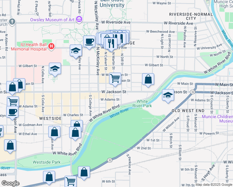 map of restaurants, bars, coffee shops, grocery stores, and more near 218 South Martin Avenue in Muncie