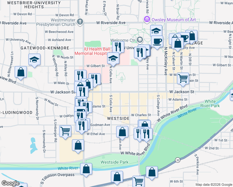 map of restaurants, bars, coffee shops, grocery stores, and more near 2405 West Jackson Street in Muncie