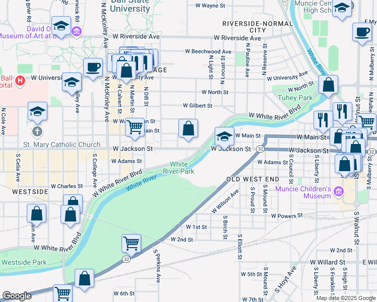 map of restaurants, bars, coffee shops, grocery stores, and more near 1301 West Jackson Street in Muncie