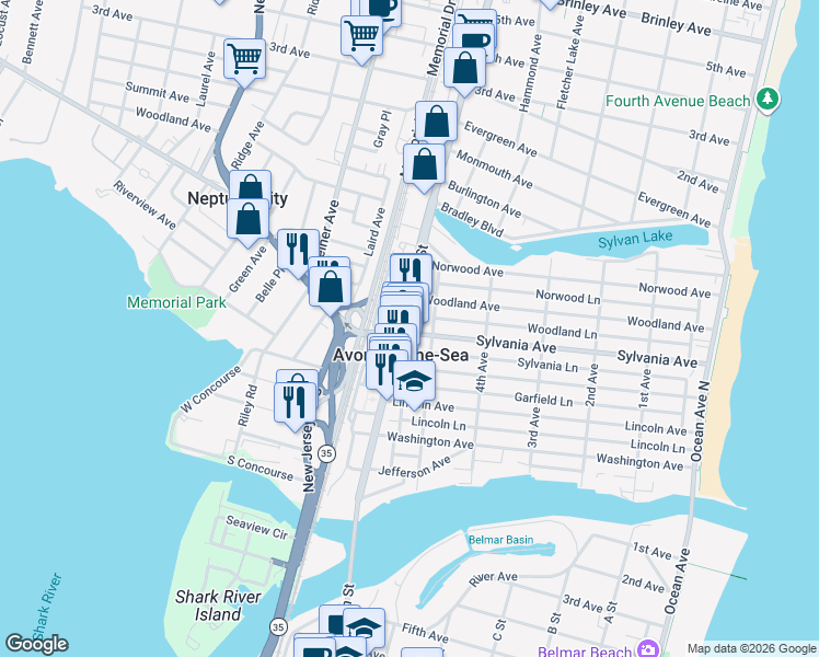 map of restaurants, bars, coffee shops, grocery stores, and more near 500 Garfield Avenue in Avon-by-the-Sea