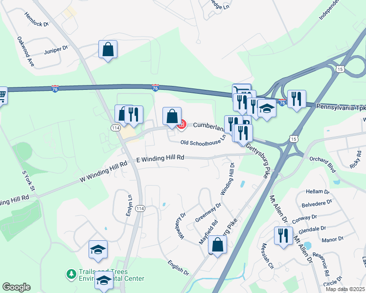 map of restaurants, bars, coffee shops, grocery stores, and more near 31 East Winding Hill Road in Mechanicsburg