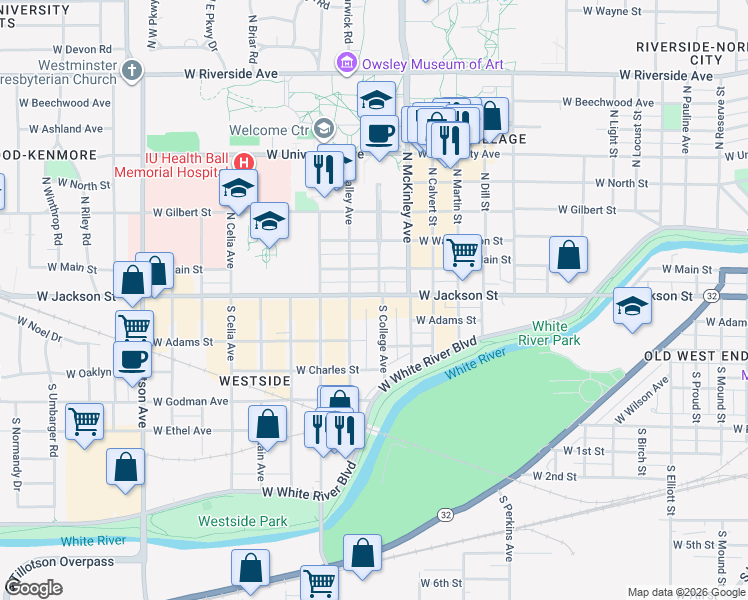 map of restaurants, bars, coffee shops, grocery stores, and more near 216 South College Avenue in Muncie