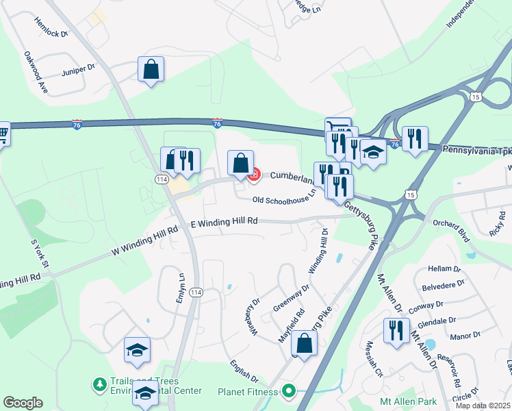 map of restaurants, bars, coffee shops, grocery stores, and more near 142 Old Schoolhouse Lane in Mechanicsburg