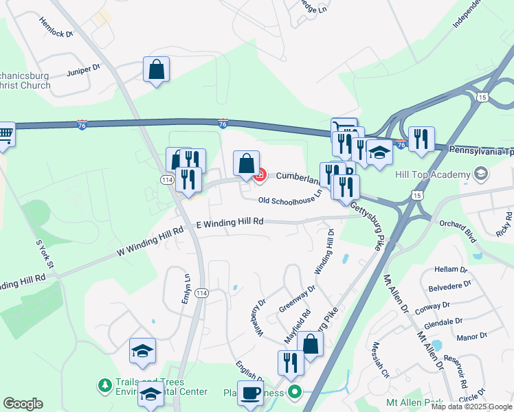 map of restaurants, bars, coffee shops, grocery stores, and more near 138 Old Schoolhouse Lane in Mechanicsburg