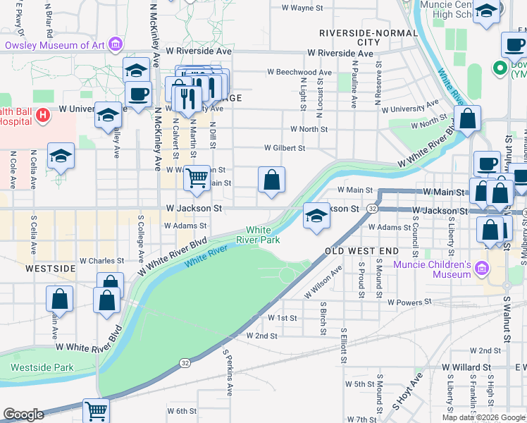 map of restaurants, bars, coffee shops, grocery stores, and more near 1301 West Jackson Street in Muncie