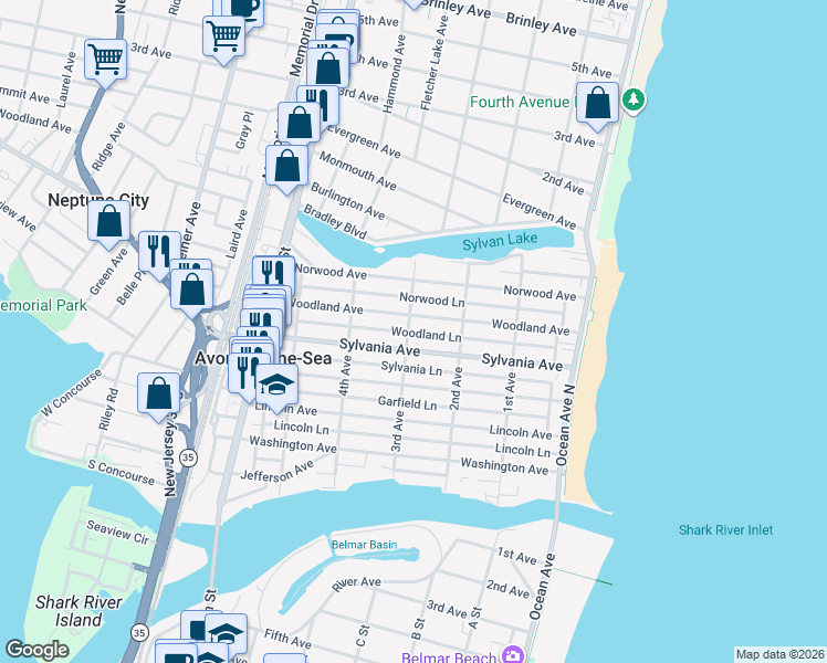 map of restaurants, bars, coffee shops, grocery stores, and more near in Avon-by-the-Sea