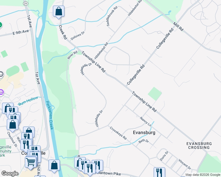 map of restaurants, bars, coffee shops, grocery stores, and more near 4024 Township Line Road in Collegeville