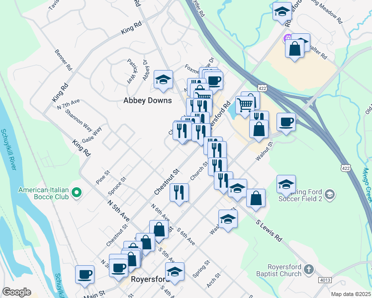 map of restaurants, bars, coffee shops, grocery stores, and more near 806 Oak Street in Royersford