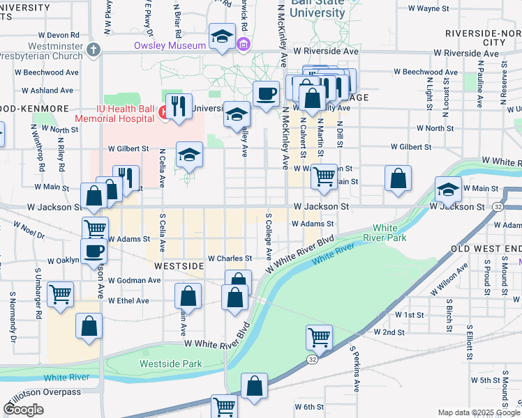 map of restaurants, bars, coffee shops, grocery stores, and more near 2009 West Jackson Street in Muncie
