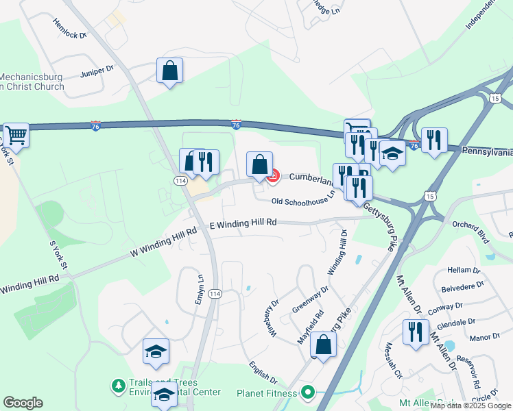 map of restaurants, bars, coffee shops, grocery stores, and more near 120 Old Schoolhouse Lane in Mechanicsburg