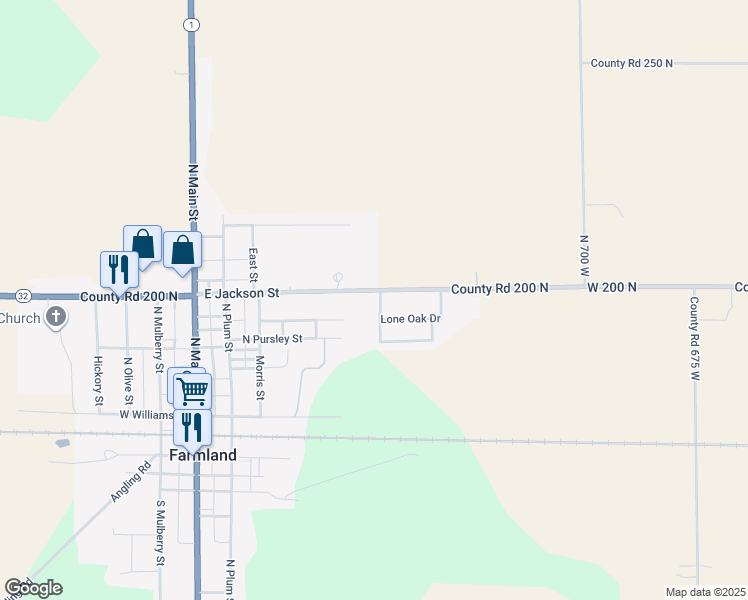 map of restaurants, bars, coffee shops, grocery stores, and more near 501 Wolf Street in Farmland