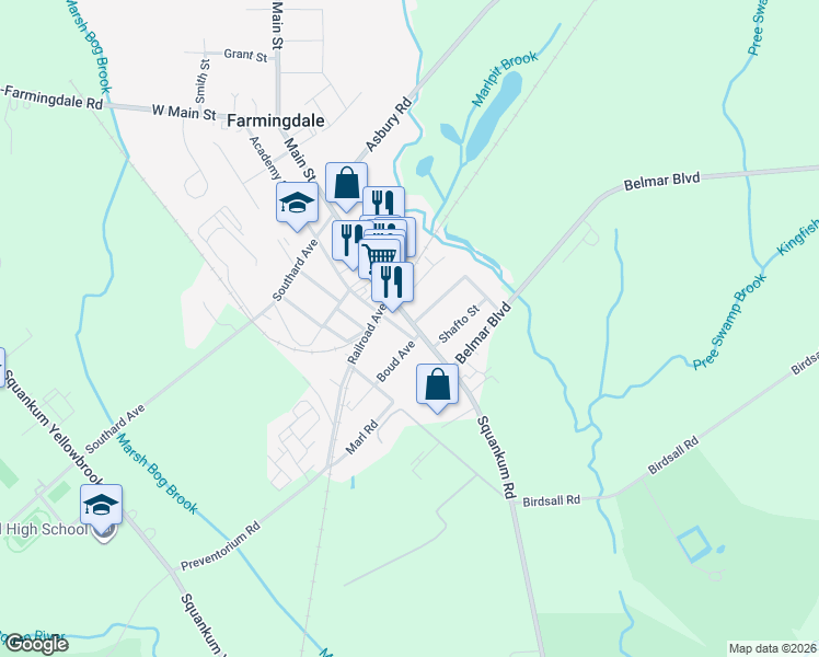map of restaurants, bars, coffee shops, grocery stores, and more near 7 Boud Avenue in Farmingdale
