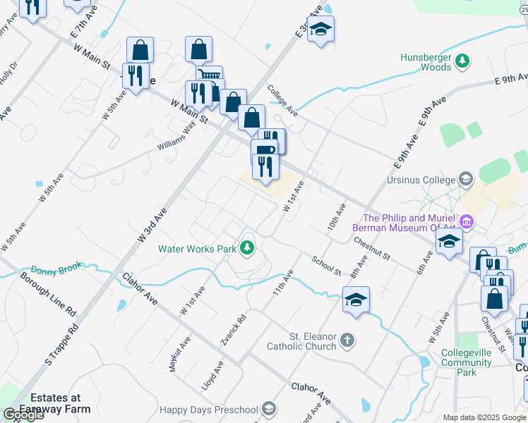 map of restaurants, bars, coffee shops, grocery stores, and more near 46 Jacob Way in Collegeville
