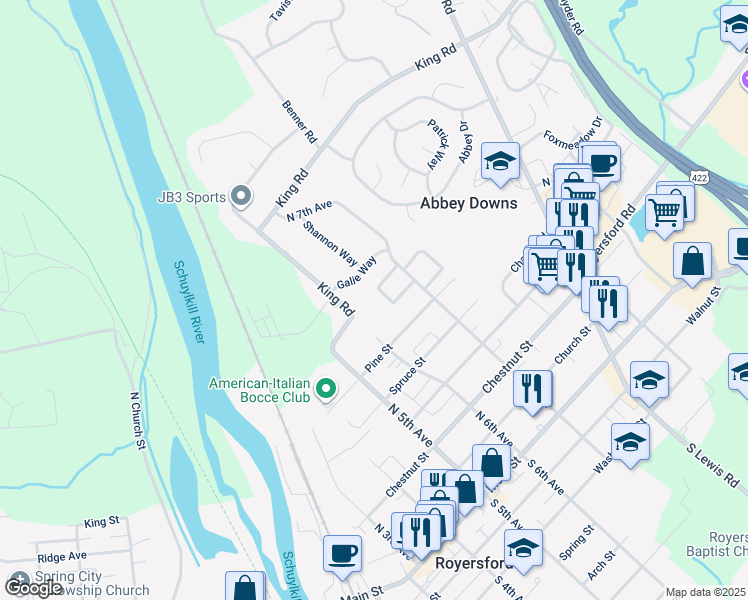 map of restaurants, bars, coffee shops, grocery stores, and more near 508 King Road in Royersford