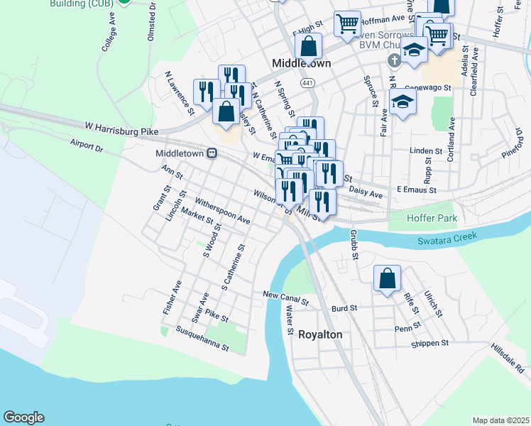 map of restaurants, bars, coffee shops, grocery stores, and more near 332 South Catherine Street in Middletown