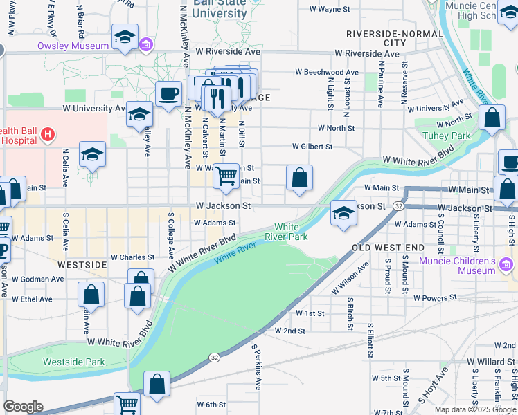 map of restaurants, bars, coffee shops, grocery stores, and more near 1515 West Jackson Street in Muncie