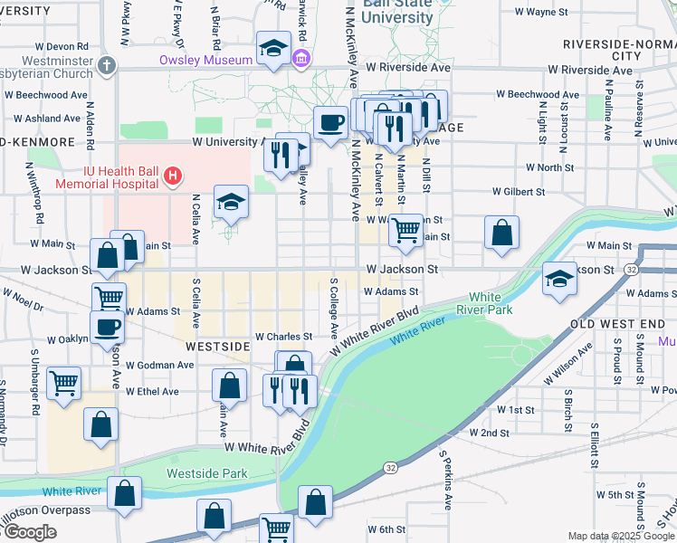 map of restaurants, bars, coffee shops, grocery stores, and more near 216 South College Avenue in Muncie
