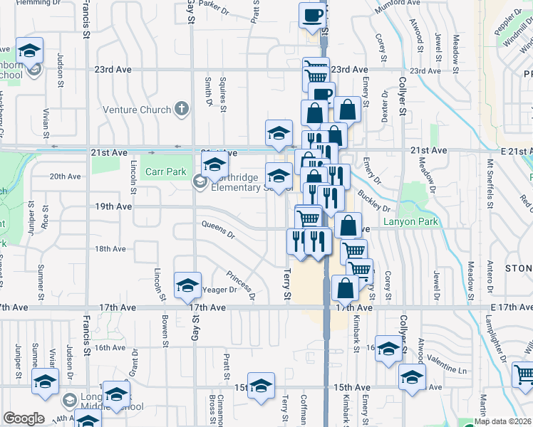 map of restaurants, bars, coffee shops, grocery stores, and more near Yeager Drive in Longmont