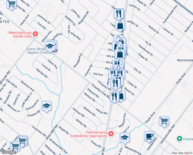 map of restaurants, bars, coffee shops, grocery stores, and more near 499 Prospect Road in Warminster