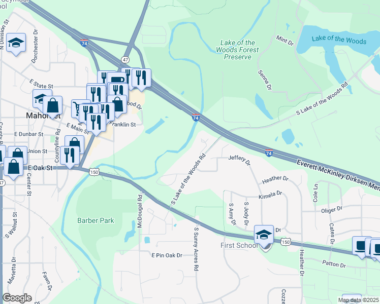 map of restaurants, bars, coffee shops, grocery stores, and more near 405 South Lake of the Woods Road in Mahomet