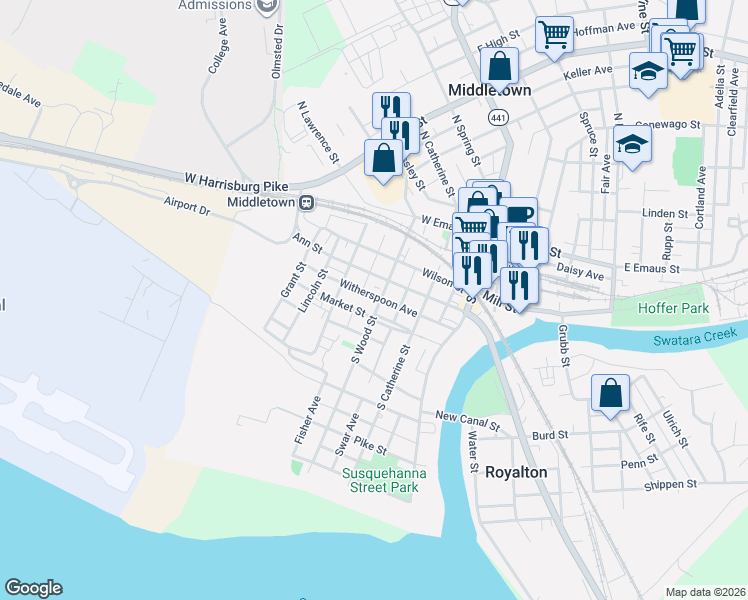 map of restaurants, bars, coffee shops, grocery stores, and more near 149 Market Street in Middletown