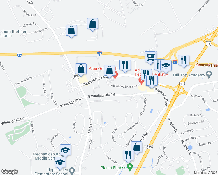 map of restaurants, bars, coffee shops, grocery stores, and more near 120 Old Schoolhouse Lane in Mechanicsburg