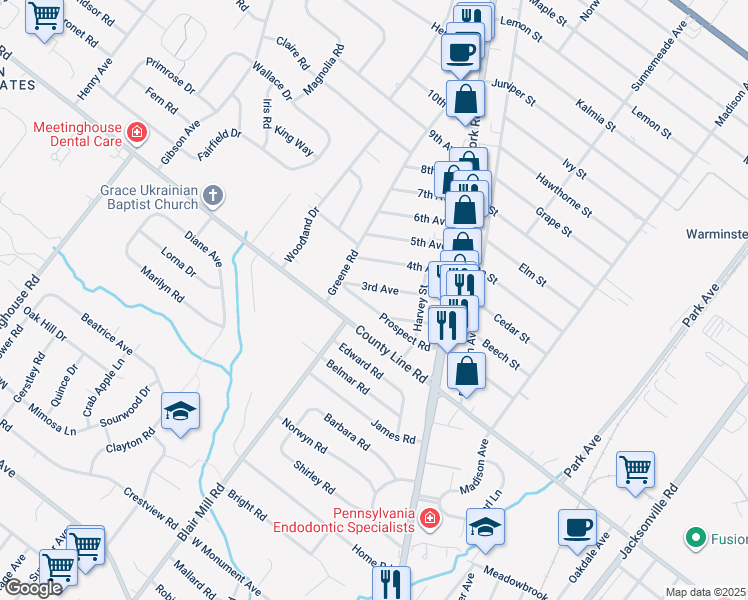 map of restaurants, bars, coffee shops, grocery stores, and more near 499 Prospect Road in Warminster