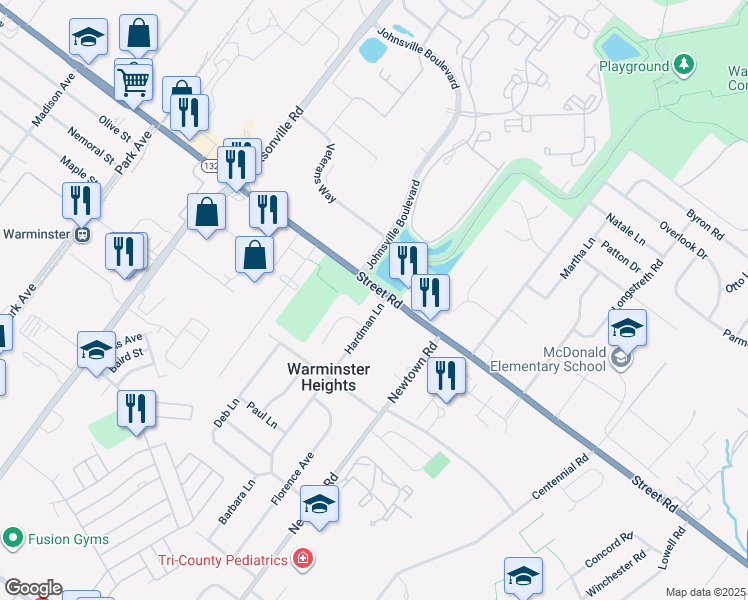 map of restaurants, bars, coffee shops, grocery stores, and more near 220 Pennsylvania 132 in Warminster