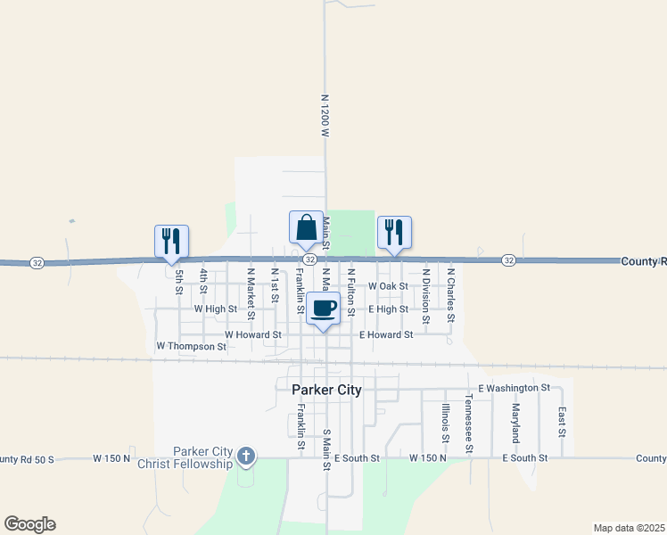map of restaurants, bars, coffee shops, grocery stores, and more near 306 North Fulton Street in Parker City
