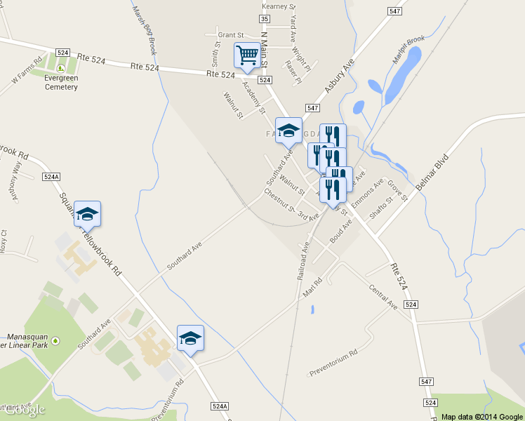 map of restaurants, bars, coffee shops, grocery stores, and more near 30 Southard Ave in Farmingdale