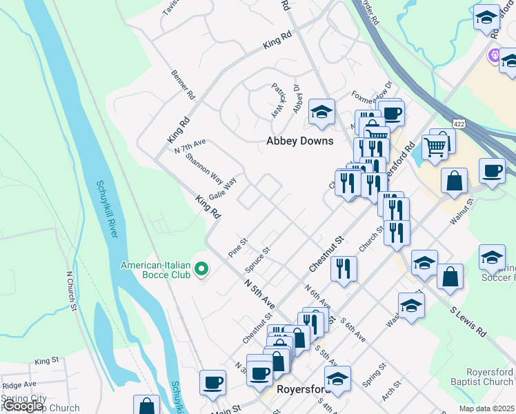 map of restaurants, bars, coffee shops, grocery stores, and more near 624 Elm Street in Royersford