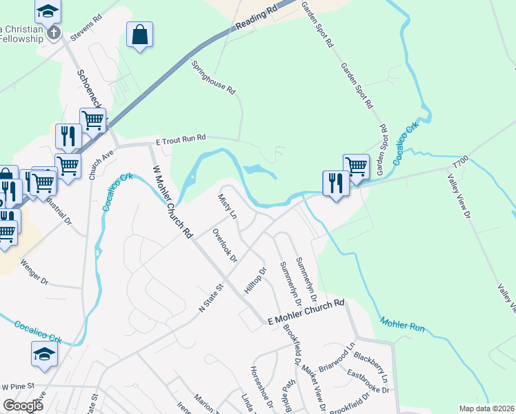 map of restaurants, bars, coffee shops, grocery stores, and more near 105 Misty Lane in Ephrata