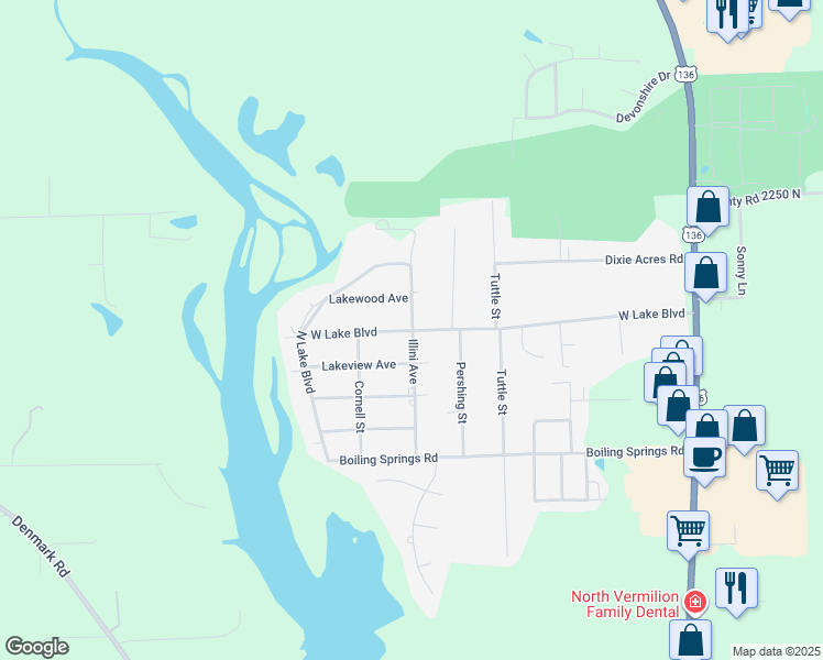 map of restaurants, bars, coffee shops, grocery stores, and more near 400 West Lake Boulevard in Danville